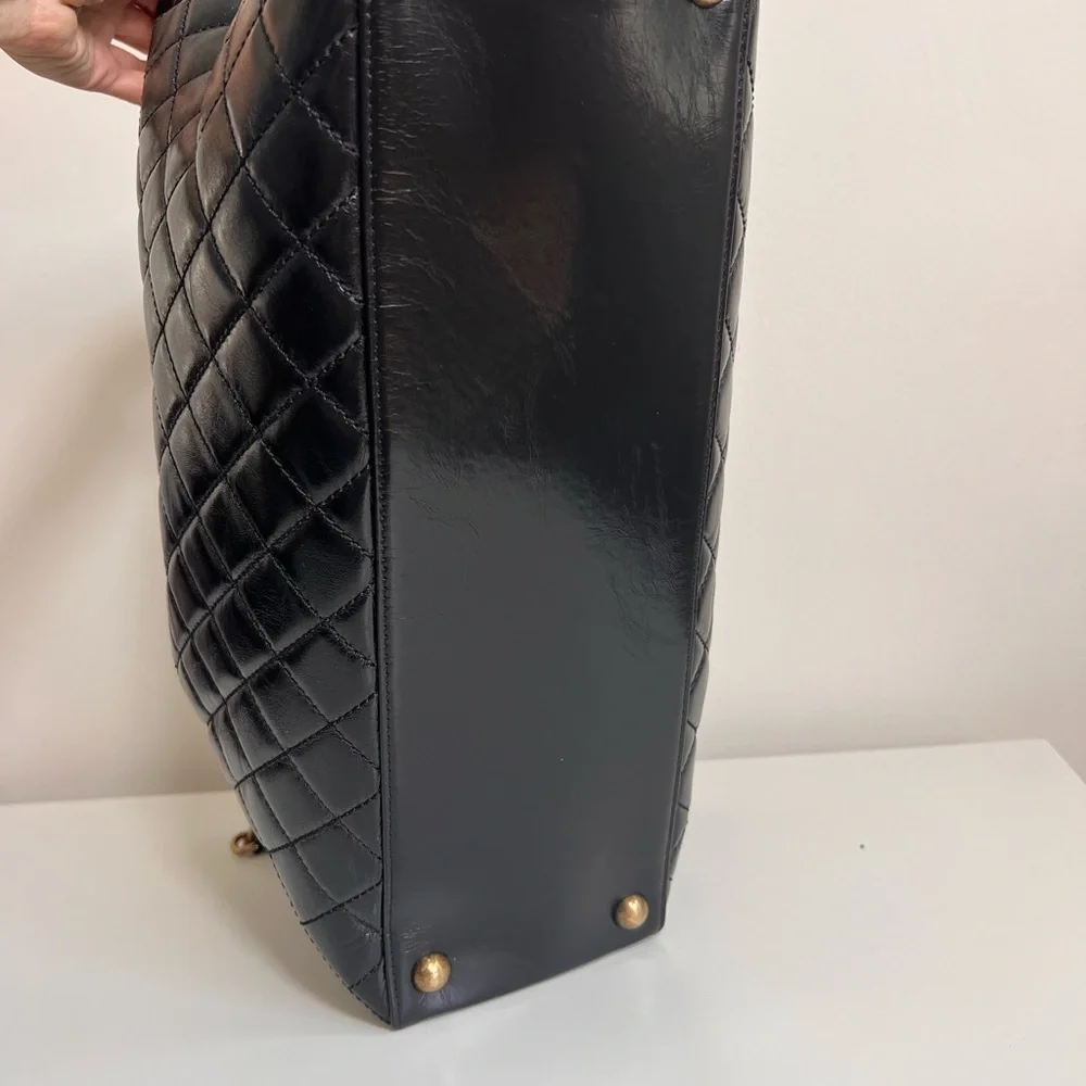 CHANEL Black Quilted Leather Laptop Tote with Gold Chain Strap